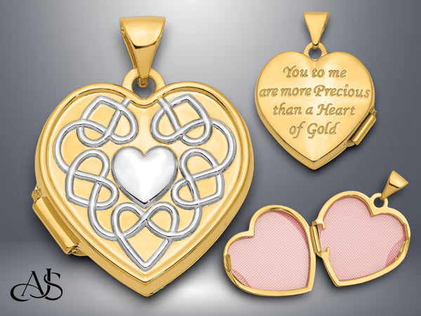 14K Yellow Gold White Rhodium Celtic Knot Heart of Gold Poem Reverse 18mm Heart Locket | Build Your Locket Necklace with Engraving, Photo insertions, and Chain Options