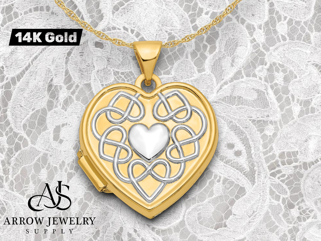 14K Yellow Gold White Rhodium Celtic Knot Heart of Gold Poem Reverse 18mm Heart Locket | Build Your Locket Necklace with Engraving, Photo insertions, and Chain Options