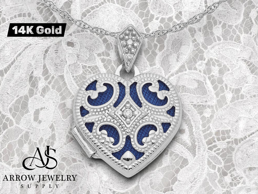 14K White Gold Diamond Vintage Filigree Blue Fabric Interior 15mm Heart Locket | Build Your Locket Necklace with Engraving, Photo insertions, and Chain Options