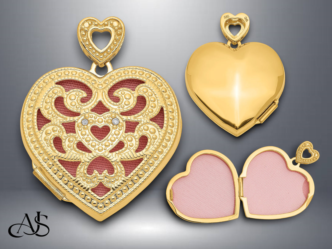 14K Yellow Gold Diamond Vintage Filigree Pink Fabric Interior 24mm Heart Locket | Build Your Locket Necklace with Engraving, Photo insertions, and Chain Options
