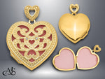 Load image into Gallery viewer, 14K Yellow Gold Diamond Vintage Filigree Pink Fabric Interior 24mm Heart Locket | Build Your Locket Necklace with Engraving, Photo insertions, and Chain Options
