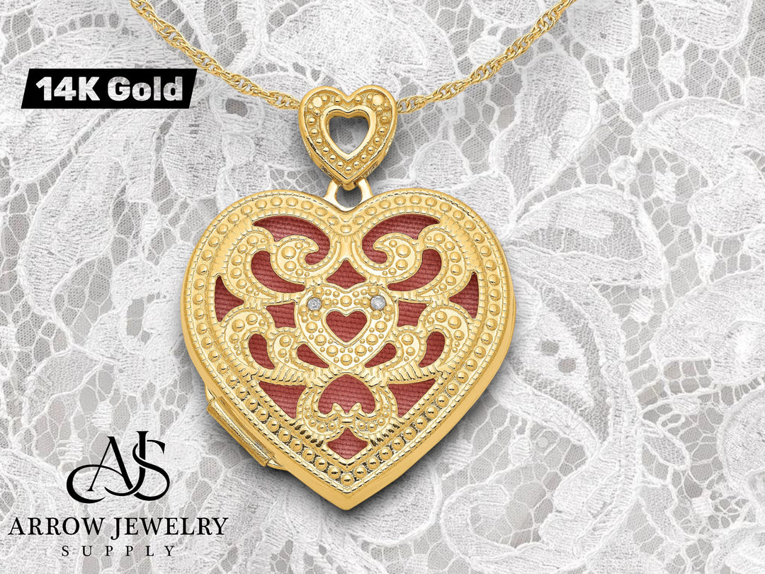 14K Yellow Gold Diamond Vintage Filigree Pink Fabric Interior 24mm Heart Locket | Build Your Locket Necklace with Engraving, Photo insertions, and Chain Options