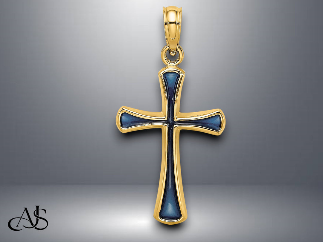 14K Yellow Gold Blue / Green / Pink Enameled Tapered Cross Charm with Necklace Chain Options