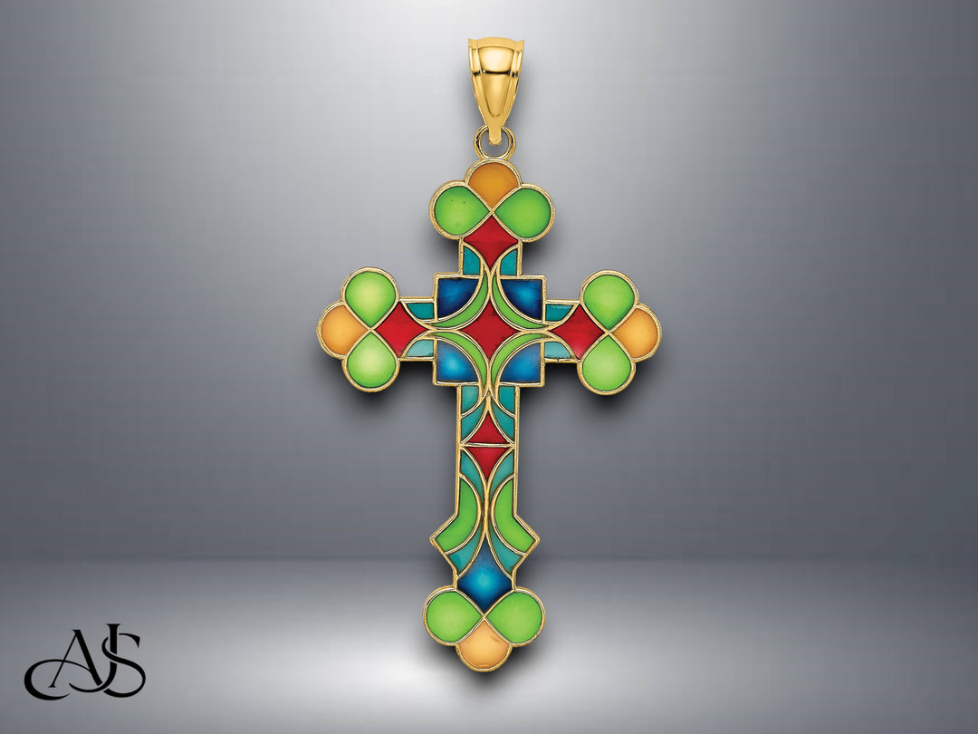 14K Yellow Gold Multi Color Enameled Cross Charm with Necklace Chain Options
