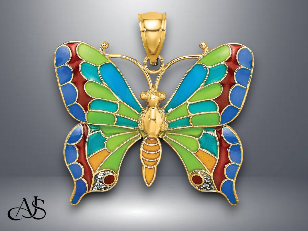 14K Yellow Gold Enameled Butterfly Pendant with Necklace Chain Options