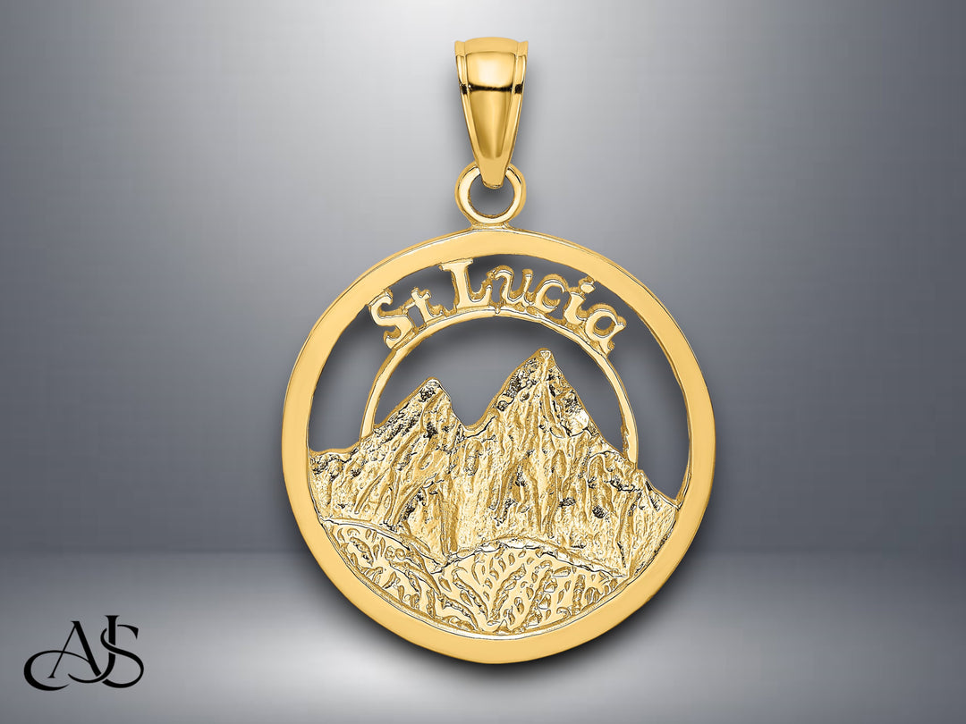 14K Yellow Gold ST. LUCIA Twin Pitons Charm with Necklace Chain Options