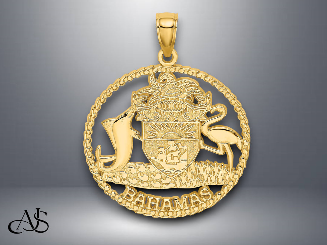 14K Yellow Gold BAHAMAS Crest In Textured Frame Charm with Necklace Chain Options