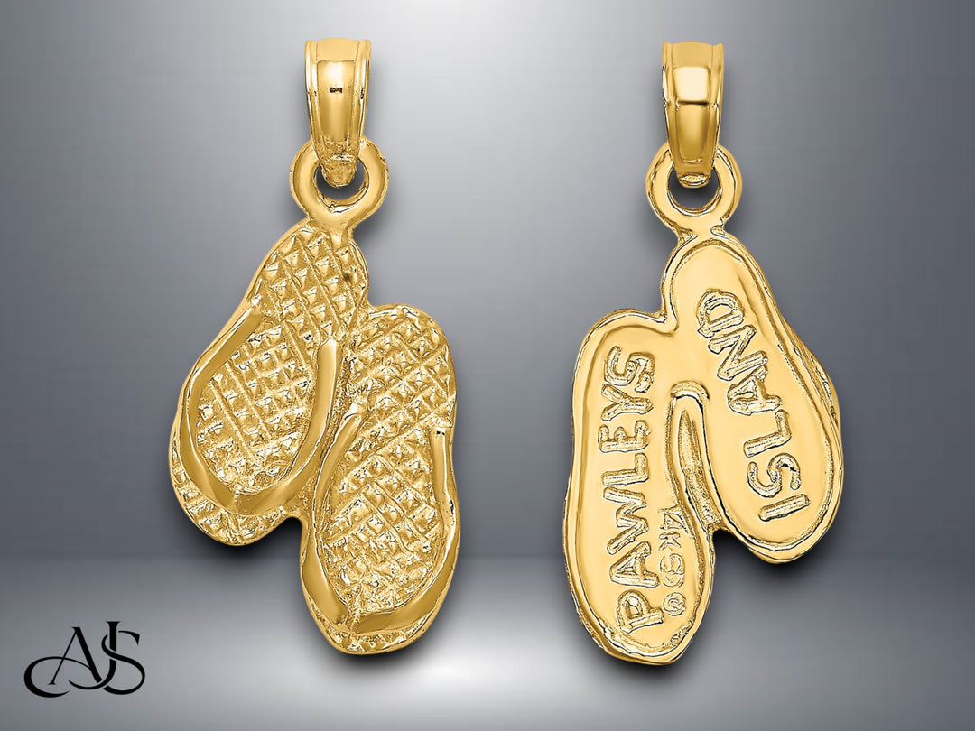 14K Yellow Gold 3D PAWLEYS ISLAND Double Flip-flop Charm with Necklace Chain Options
