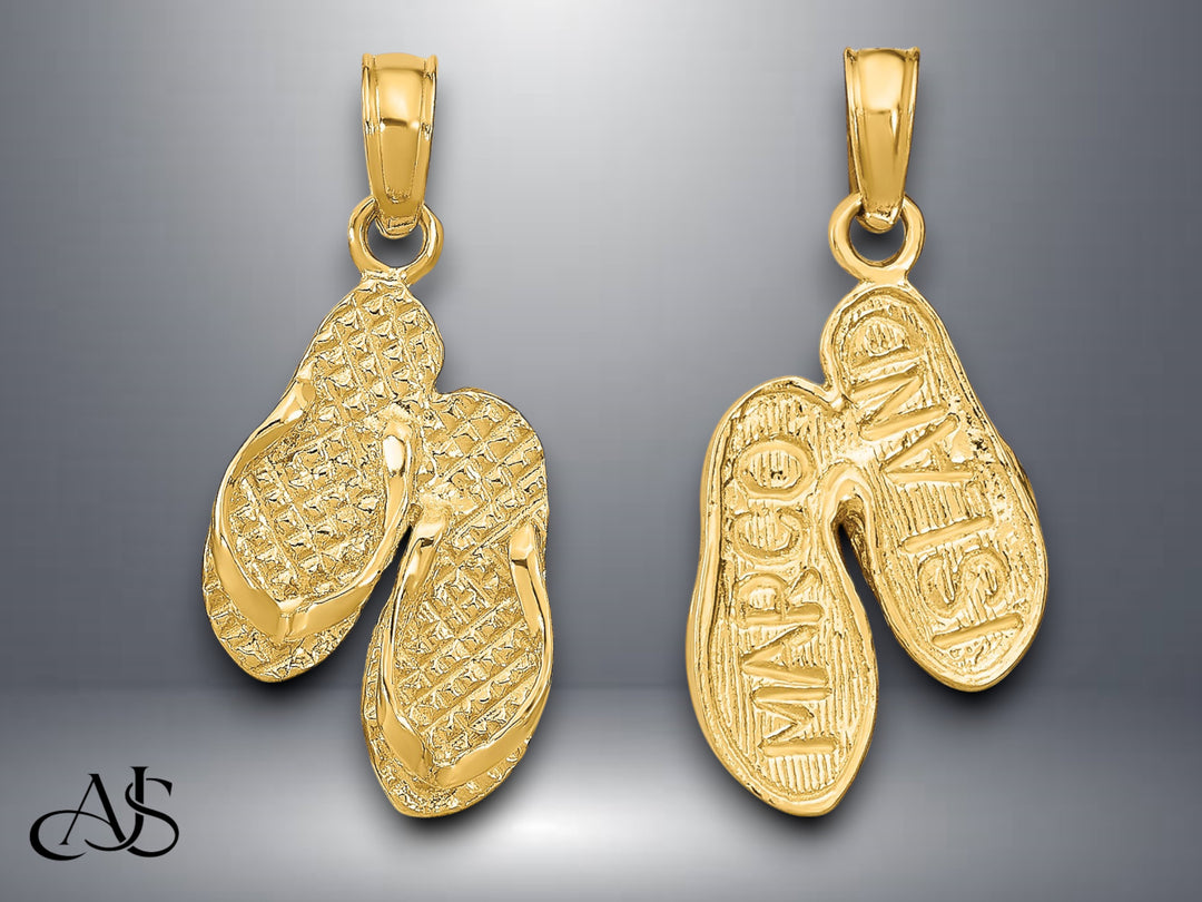 14K Yellow Gold MARCO ISLAND Reversible Flip Flops Charm with Necklace Chain Options
