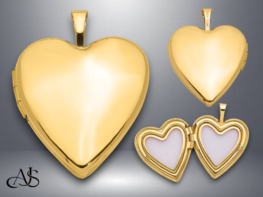 14K Yellow White Gold Polished Plain 20mm Heart Locket | Build Your Locket Necklace with Engraving, Photo insertions, and Chain Options