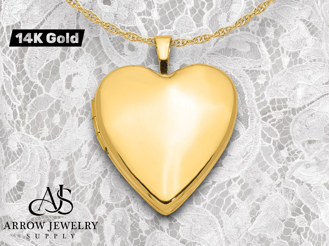 14K Yellow White Gold Polished Plain 20mm Heart Locket | Build Your Locket Necklace with Engraving, Photo insertions, and Chain Options