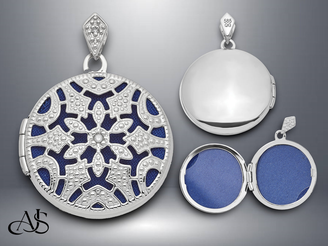 14K White Gold 0.01ct Diamond Vintage Filigree Blue Fabric Interior 20mm Round Locket | Build Your Locket Necklace with Engraving, Photo insertions, and Chain Options