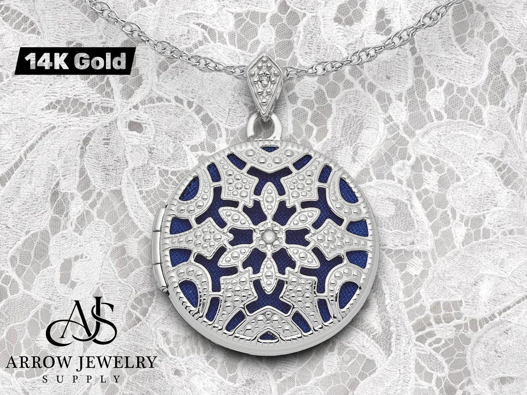 14K White Gold 0.01ct Diamond Vintage Filigree Blue Fabric Interior 20mm Round Locket | Build Your Locket Necklace with Engraving, Photo insertions, and Chain Options