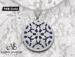 Load image into Gallery viewer, 14K White Gold 0.01ct Diamond Vintage Filigree Blue Fabric Interior 20mm Round Locket | Build Your Locket Necklace with Engraving, Photo insertions, and Chain Options
