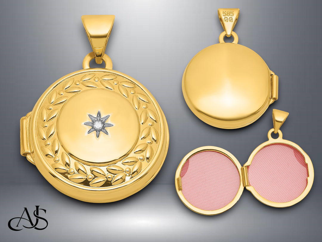 14K Yellow Gold Polished Half Point Diamond Leaf Border 16mm Round Locket | Build Your Locket Necklace with Engraving, Photo insertions, and Chain Options