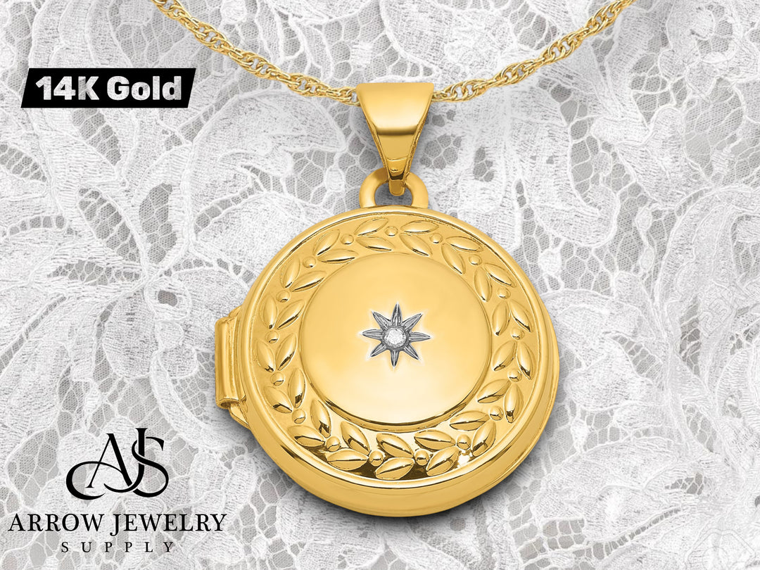 14K Yellow Gold Polished Half Point Diamond Leaf Border 16mm Round Locket | Build Your Locket Necklace with Engraving, Photo insertions, and Chain Options