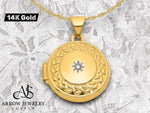 Load image into Gallery viewer, 14K Yellow Gold Polished Half Point Diamond Leaf Border 16mm Round Locket | Build Your Locket Necklace with Engraving, Photo insertions, and Chain Options
