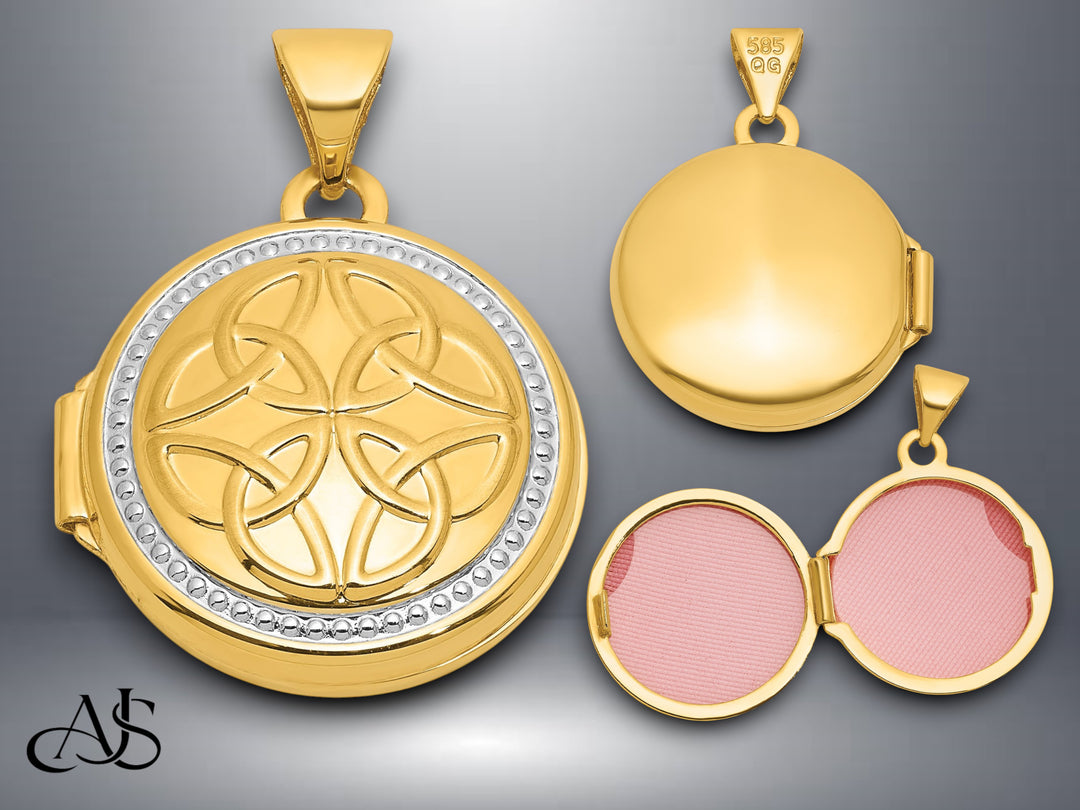 14K Yellow Gold Rhodium Beaded Border Polished Celtic Knot Design 16mm Round Locket | Build Your Locket Necklace with Engraving, Photo insertions, and Chain Options