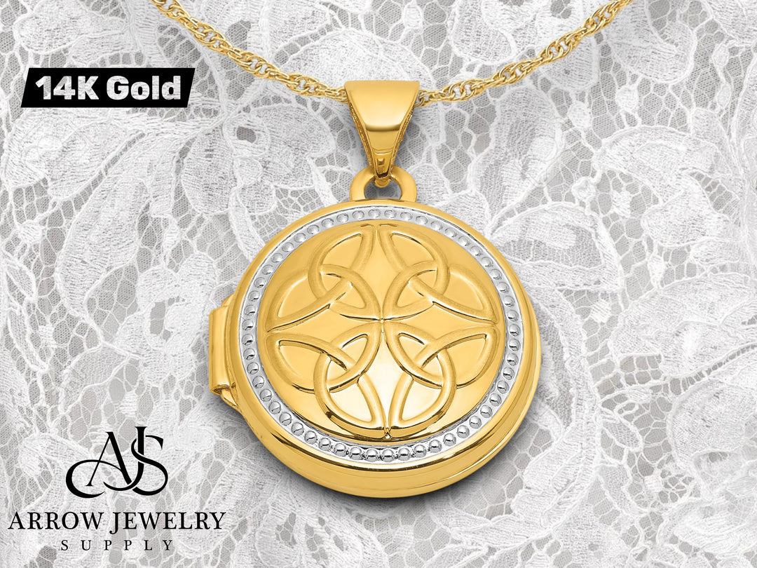 14K Yellow Gold Rhodium Beaded Border Polished Celtic Knot Design 16mm Round Locket | Build Your Locket Necklace with Engraving, Photo insertions, and Chain Options