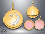 Load image into Gallery viewer, 14K Yellow Gold White Rhodium Diamond Star and Moon 20mm Round Locket | Build Your Locket Necklace with Engraving, Photo insertions, and Chain Options
