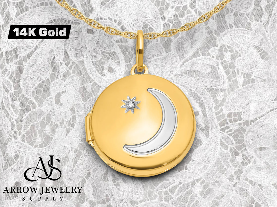 14K Yellow Gold White Rhodium Diamond Star and Moon 20mm Round Locket | Build Your Locket Necklace with Engraving, Photo insertions, and Chain Options