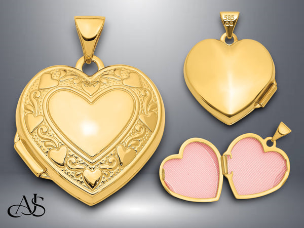 14K Yellow Gold Heart Border 19mm Heart Locket | Build Your Locket Necklace with Engraving, Photo insertions, and Chain Options