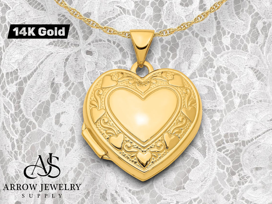 14K Yellow Gold Heart Border 19mm Heart Locket | Build Your Locket Necklace with Engraving, Photo insertions, and Chain Options