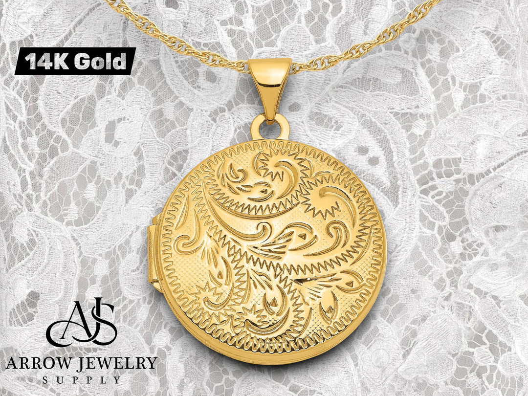 14K Yellow Gold Scroll Design Hand Engraved 20mm Round Locket | Build Your Locket Necklace with Engraving, Photo insertions, and Chain Options