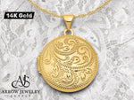 Load image into Gallery viewer, 14K Yellow Gold Scroll Design Hand Engraved 20mm Round Locket | Build Your Locket Necklace with Engraving, Photo insertions, and Chain Options
