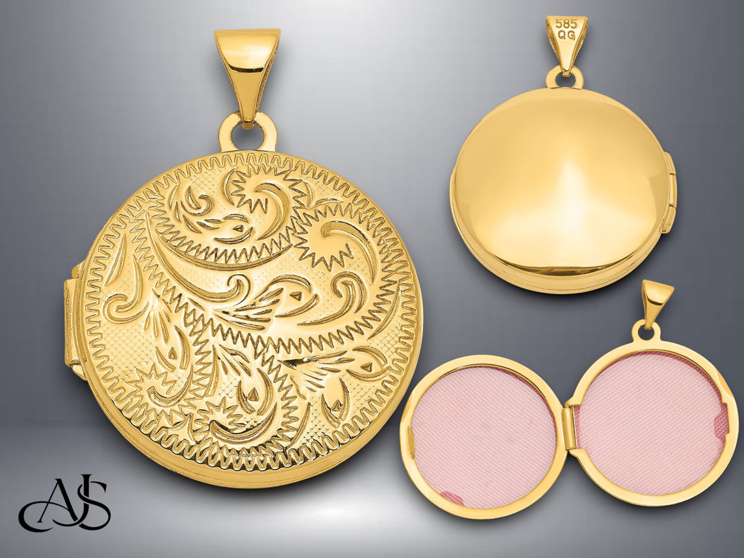 14K Yellow Gold Scroll Design Hand Engraved 20mm Round Locket | Build Your Locket Necklace with Engraving, Photo insertions, and Chain Options