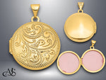 Load image into Gallery viewer, 14K Yellow Gold Scroll Design Hand Engraved 20mm Round Locket | Build Your Locket Necklace with Engraving, Photo insertions, and Chain Options
