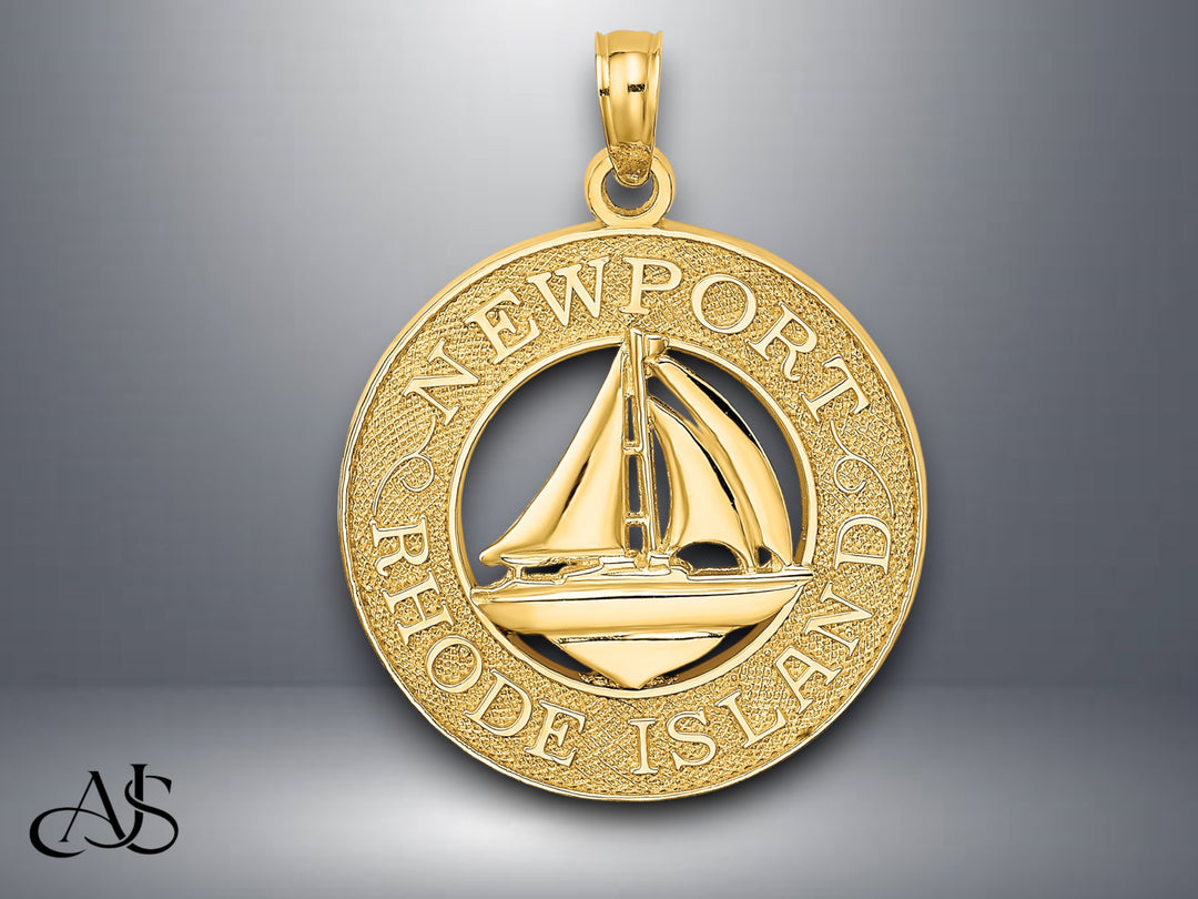 14K Yellow Gold NEWPORT RHODE ISLAND w/ Sailboat Charm with Necklace Chain Options