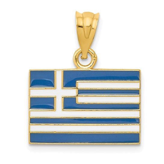 14K Yellow Gold Solid Enameled Greece Flag Pendant with Necklace Chain Options