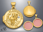 Load image into Gallery viewer, 14K Yellow Gold White Rhodium Polished Saint Christopher Protect Us 16mm Round Locket | Build Your Locket Necklace with Engraving, Photo insertions, and Chain Options
