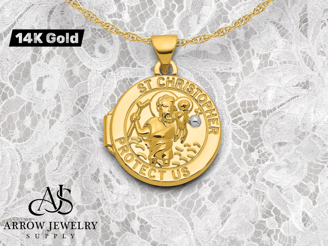 14K Yellow Gold White Rhodium Polished Saint Christopher Protect Us 16mm Round Locket | Build Your Locket Necklace with Engraving, Photo insertions, and Chain Options