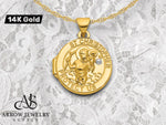 Load image into Gallery viewer, 14K Yellow Gold White Rhodium Polished Saint Christopher Protect Us 16mm Round Locket | Build Your Locket Necklace with Engraving, Photo insertions, and Chain Options

