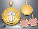 Load image into Gallery viewer, 14K Yellow Gold White Rhodium Half Point Diamond Polished Cross 20mm Round Locket | Build Your Locket Necklace with Engraving, Photo insertions, and Chain Options
