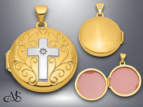 14K Yellow Gold White Rhodium Half Point Diamond Polished Cross 20mm Round Locket | Build Your Locket Necklace with Engraving, Photo insertions, and Chain Options