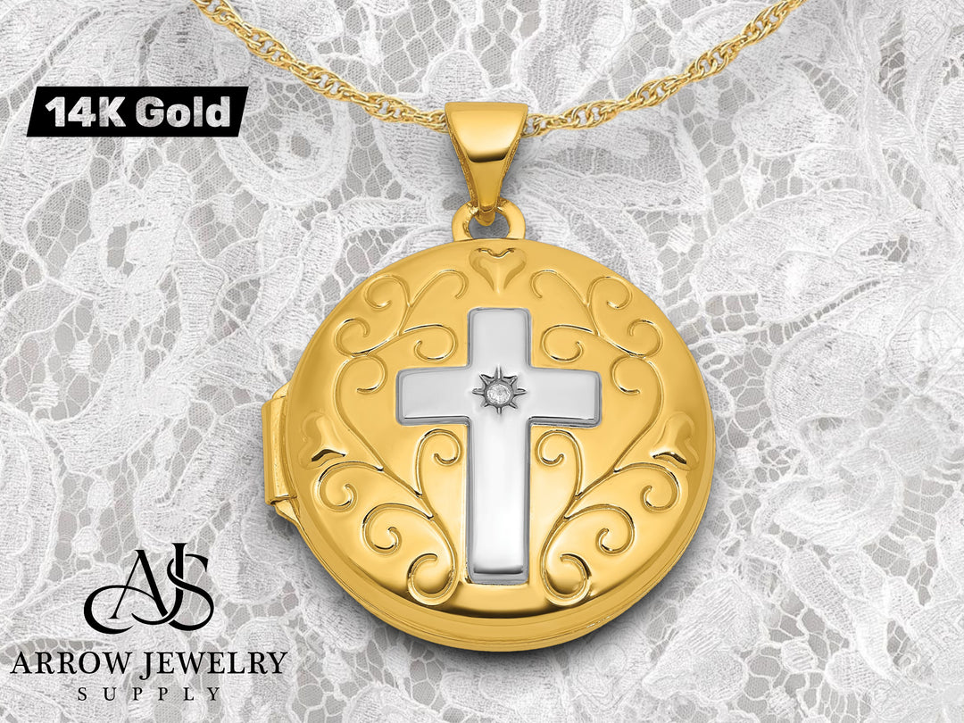 14K Yellow Gold White Rhodium Half Point Diamond Polished Cross 20mm Round Locket | Build Your Locket Necklace with Engraving, Photo insertions, and Chain Options