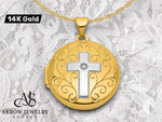 Load image into Gallery viewer, 14K Yellow Gold White Rhodium Half Point Diamond Polished Cross 20mm Round Locket | Build Your Locket Necklace with Engraving, Photo insertions, and Chain Options

