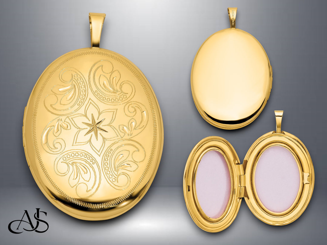 14K Yellow Gold Polished Floral Scrolled 20mm Oval Locket | Build Your Locket Necklace with Engraving, Photo insertions, and Chain Options