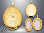 Load image into Gallery viewer, 14K Yellow Gold Polished Floral Scrolled 20mm Oval Locket | Build Your Locket Necklace with Engraving, Photo insertions, and Chain Options
