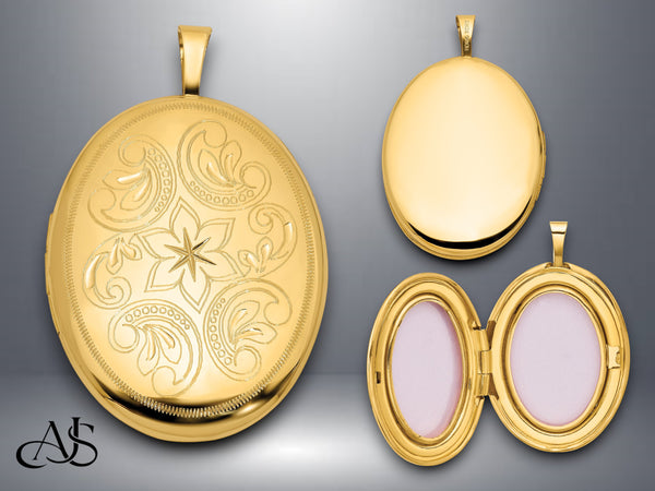 14K Yellow Gold Polished Floral Scrolled 20mm Oval Locket | Build Your Locket Necklace with Engraving, Photo insertions, and Chain Options