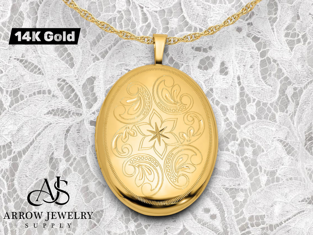 14K Yellow Gold Polished Floral Scrolled 20mm Oval Locket | Build Your Locket Necklace with Engraving, Photo insertions, and Chain Options