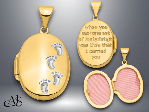 14K Yellow Gold White Rhodium Footprints Poem on Reverse 17mm Oval Locket | Build Your Locket Necklace with Engraving, Photo insertions, and Chain Options