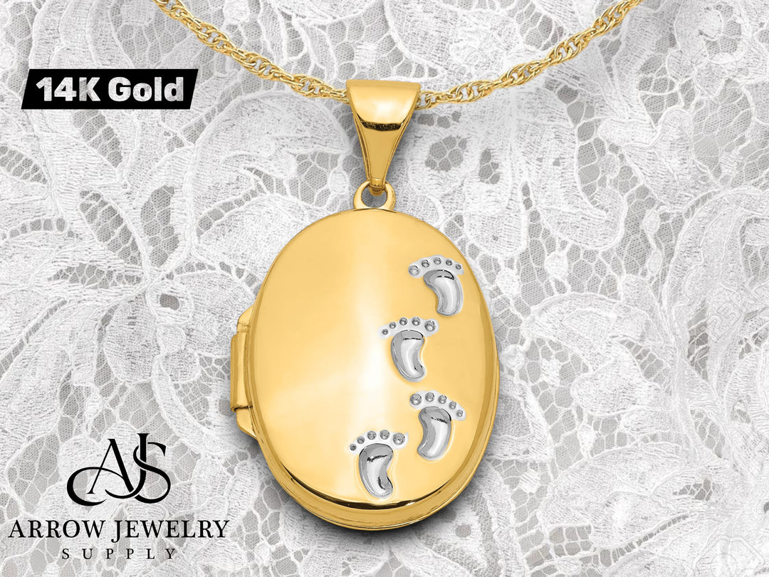 14K Yellow Gold White Rhodium Footprints Poem on Reverse 17mm Oval Locket | Build Your Locket Necklace with Engraving, Photo insertions, and Chain Options