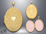 Load image into Gallery viewer, 14K Yellow Gold Celtic Knot Heart with Poem on Reverse 38mm Oval Locket | Build Your Locket Necklace with Engraving, Photo insertions, and Chain Options
