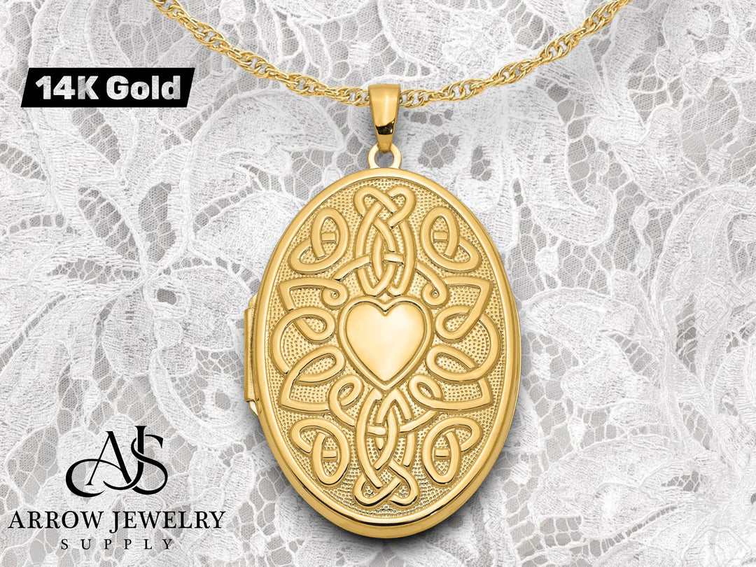 14K Yellow Gold Celtic Knot Heart with Poem on Reverse 38mm Oval Locket | Build Your Locket Necklace with Engraving, Photo insertions, and Chain Options