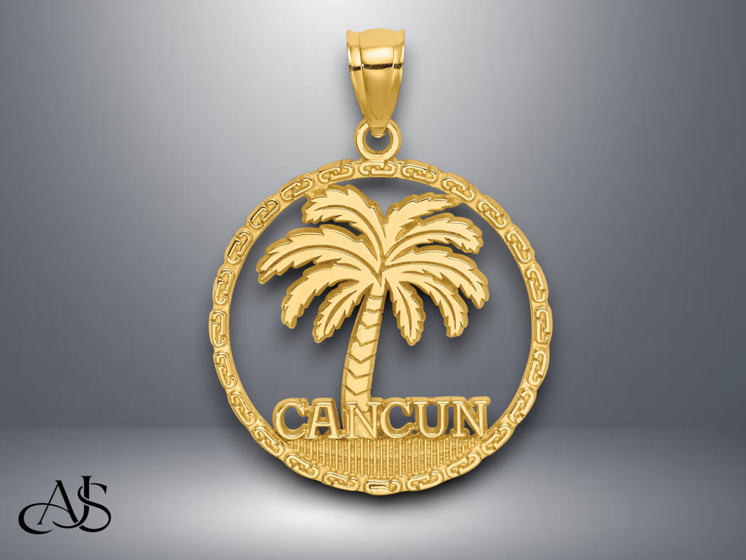 14K Yellow Gold CANCUN Palm Tree Circle Charm with Necklace Chain Options