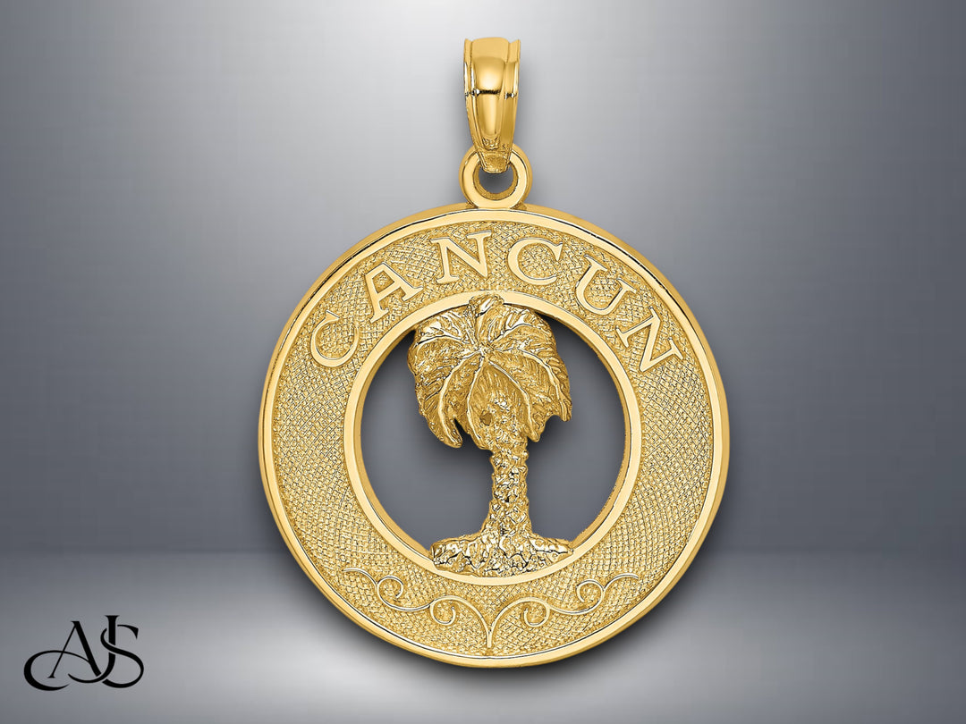 14K Yellow Gold CANCUN w/ Palm Tree Circle Charm with Necklace Chain Options